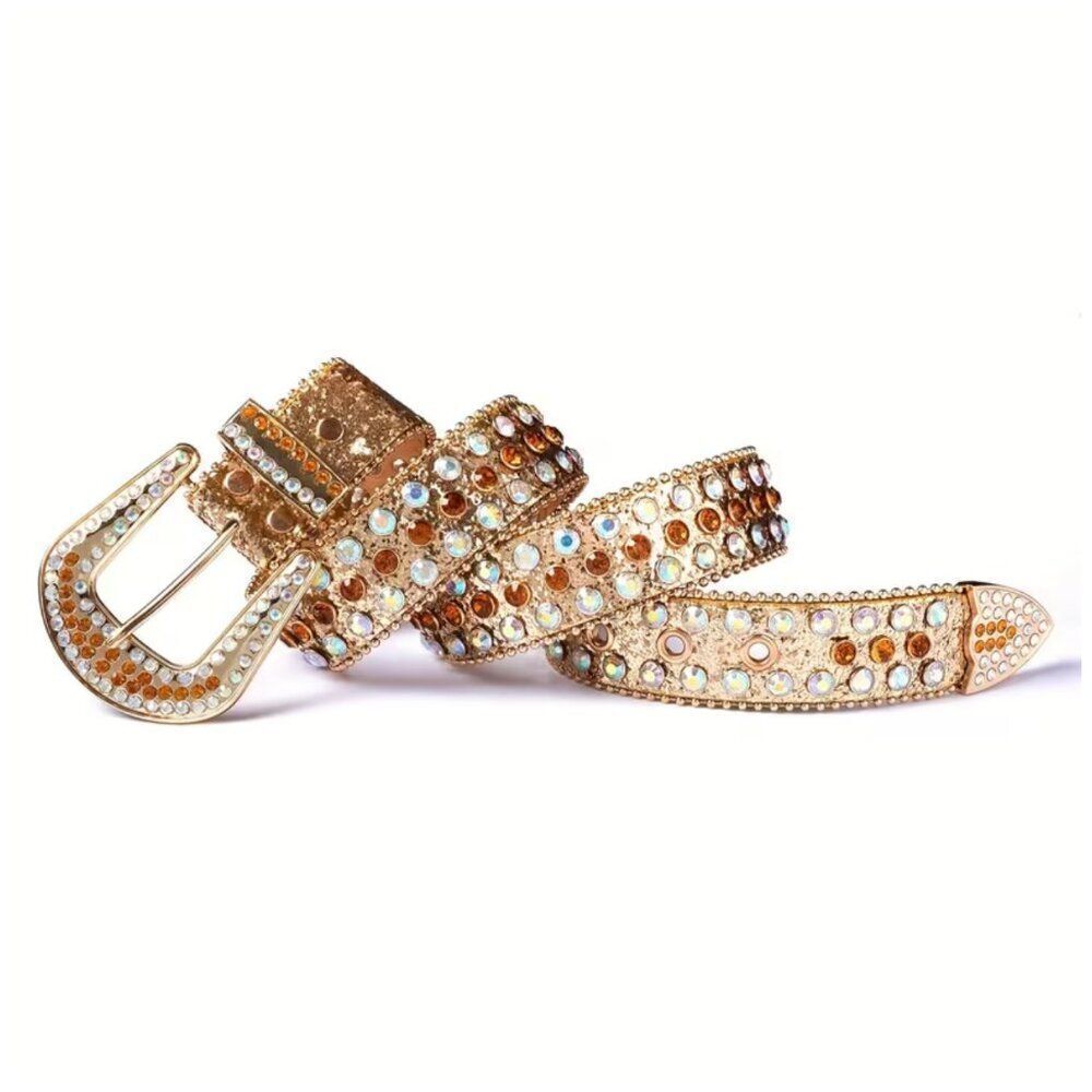 NWT Boutique Gold Western Rhinestone Belt Crystal Studded Cowgirl Y2K Bling - Picture 2 of 6
